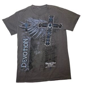 Y2K Affliction Style “Devotion” Gothic Cross Angel Wings T-Shirt